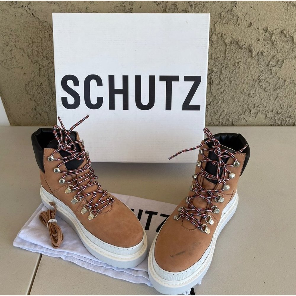 Nib Schutz Marlua Platform Lace Up Honey Beige Bo… - image 3
